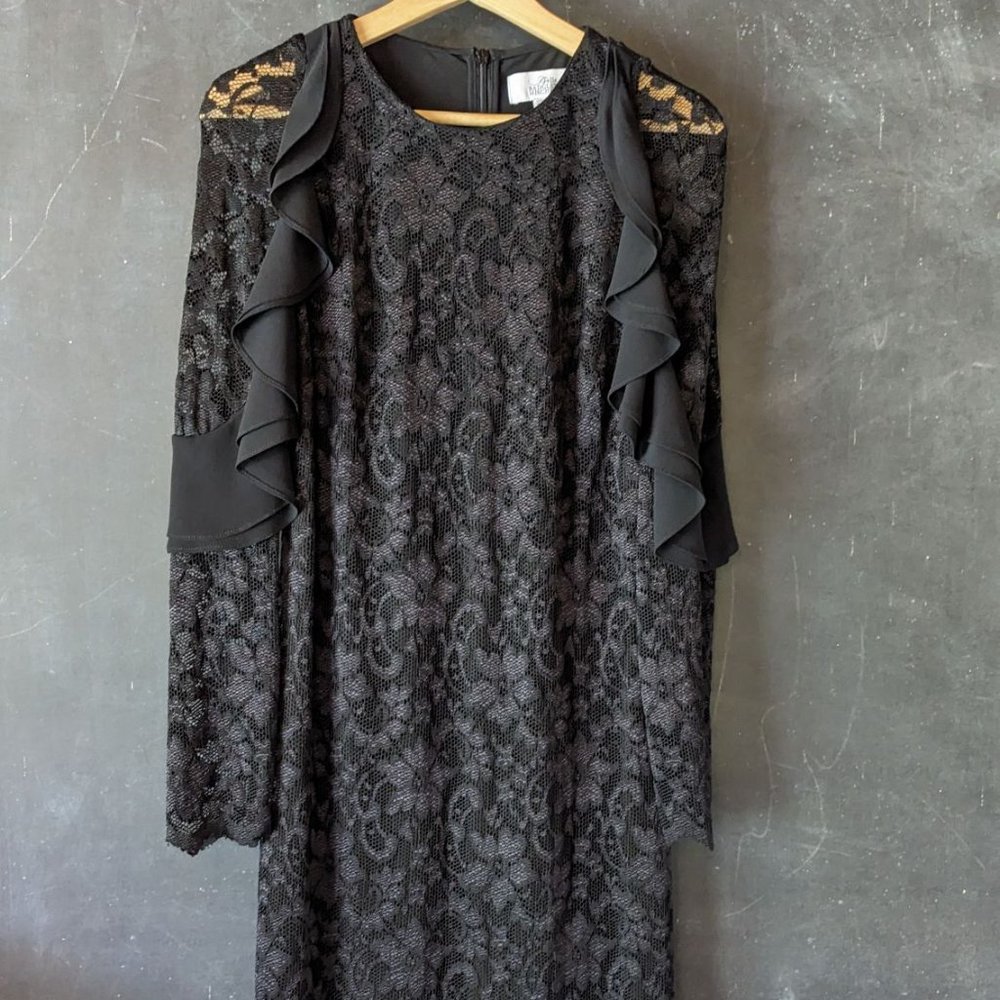 Badgley Mischka Stretchy Lace Dress Long Ruffle Sleeve Black Sz 10